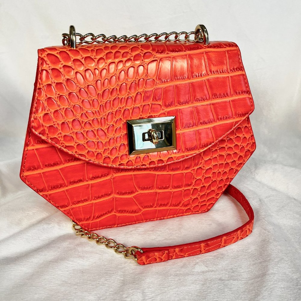 Snob Essentials Orange Faux Snakeskin Crossbody Purse